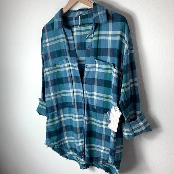FREE PEOPLE NWT Button Up Plaid Blue Blouse Top Shirt – Small - Picture 7 of 15